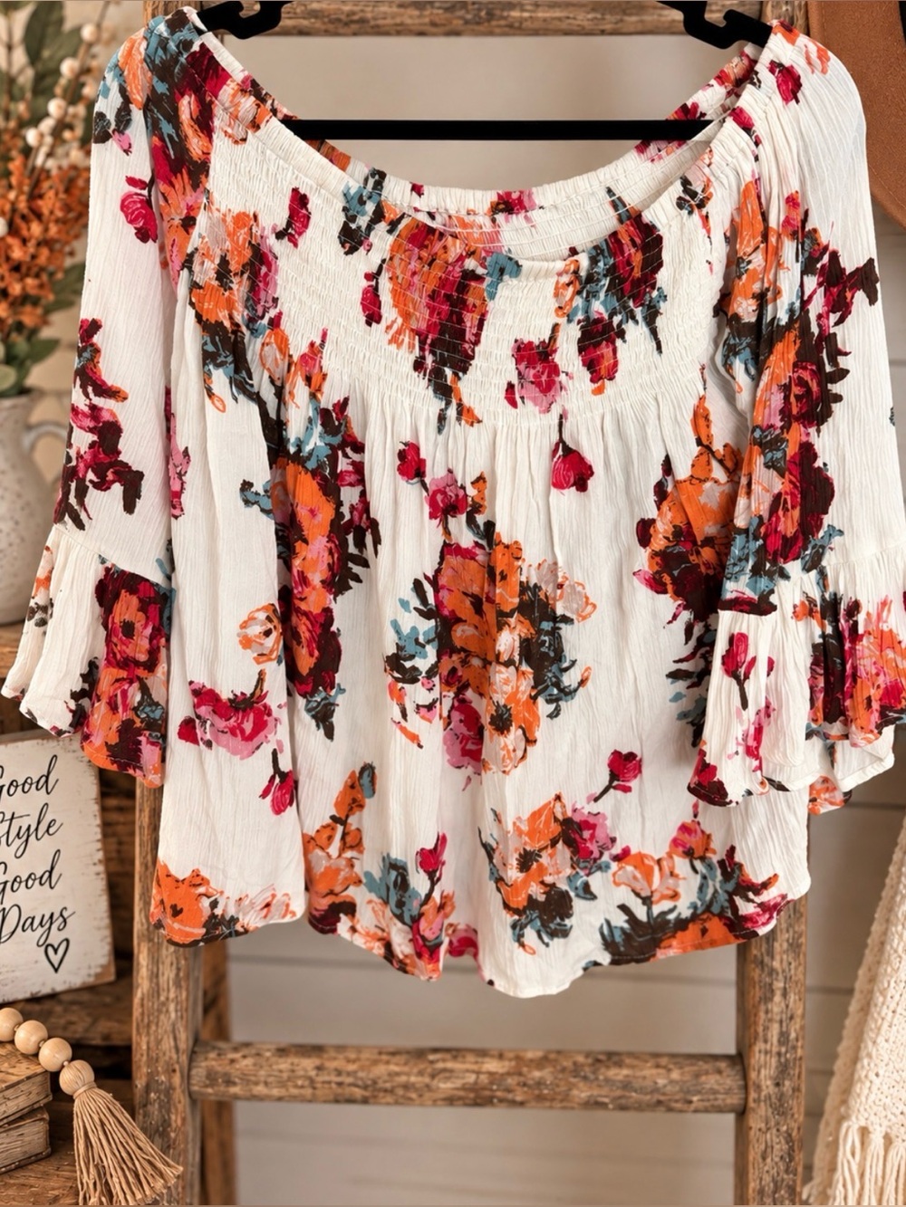 Altar'd State White Off-Shoulder Tunic with Orange, Pink & Teal Floral Print